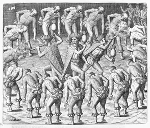 Índios tupinambás observados por Hans Staden durante a sua viagem ao Brasil, 1552, de «Newe Welt und Americanische Historien», de Johann Ludwig Gottfried, publicado por Matthäus Merian, Frankfurt, 1631